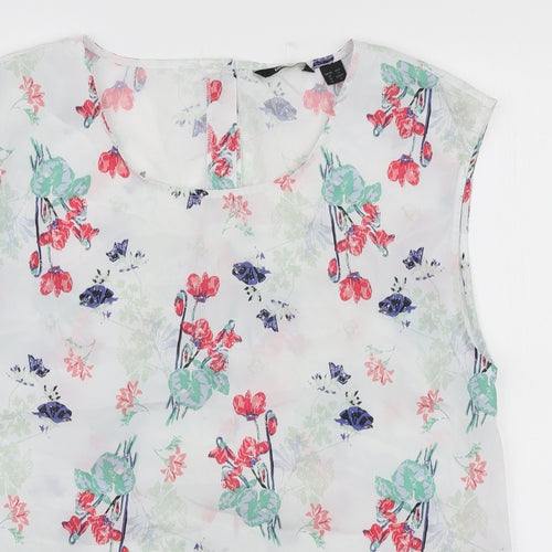 ESMARA Womens White Floral Polyester Basic Blouse Size 14 Round Neck