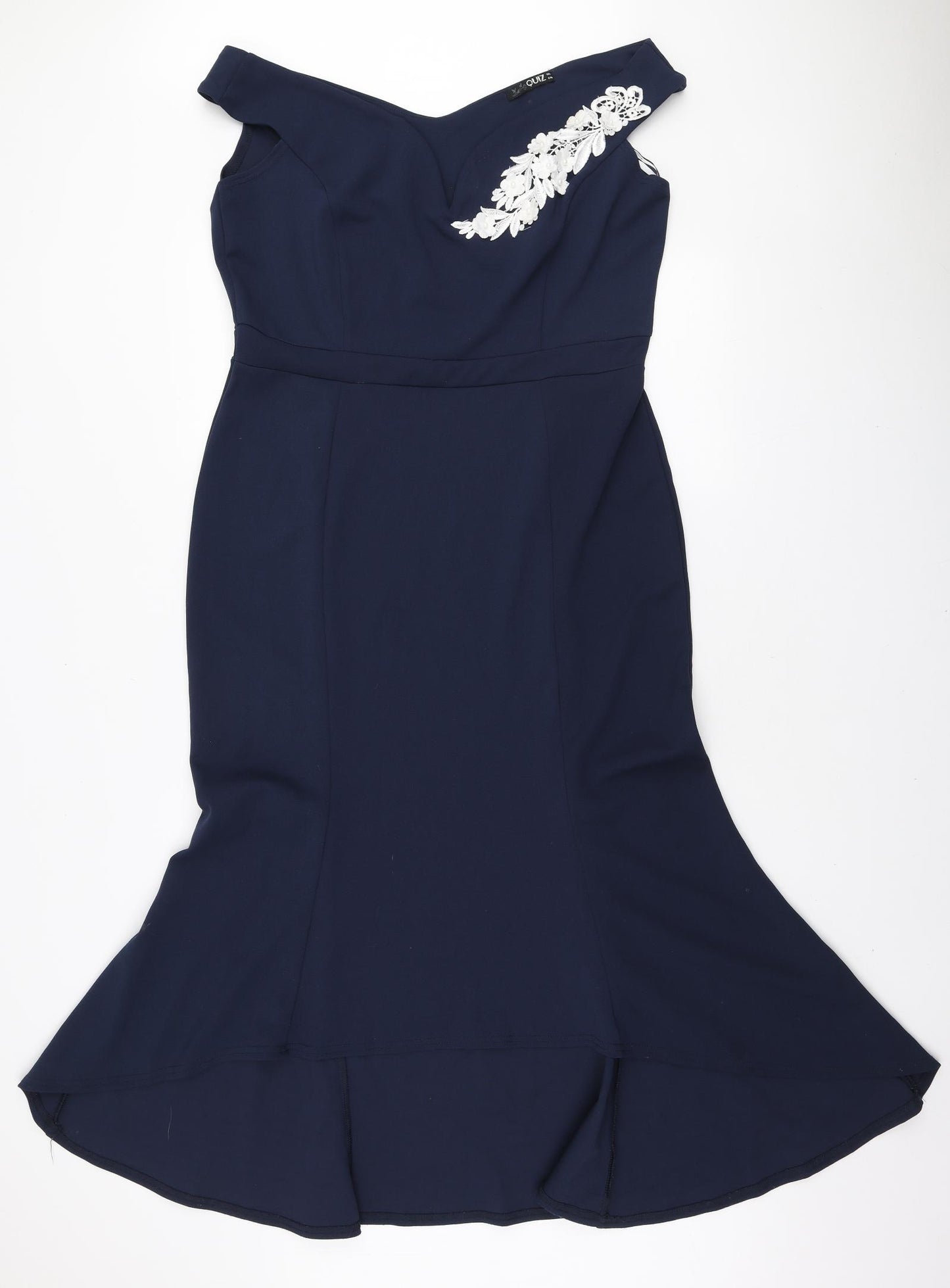 Quiz Womens Blue Polyester Fit & Flare Size 18 Off the Shoulder Pullover - Embroidered Flowers