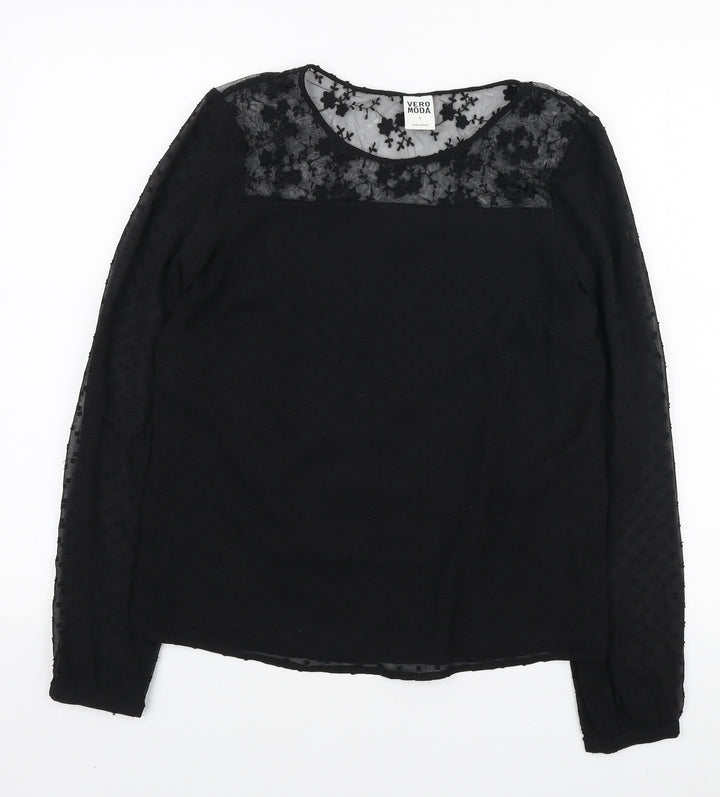 VERO MODA Womens Black Polyester Basic Blouse Size S Round Neck - Lace Detail