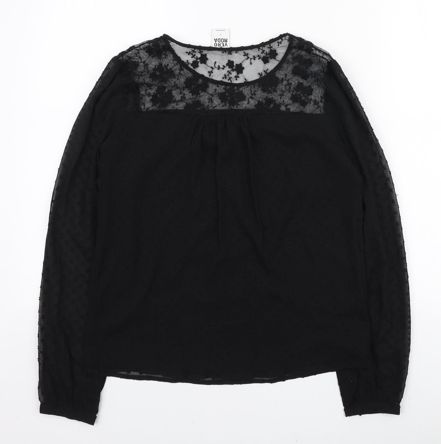 VERO MODA Womens Black Polyester Basic Blouse Size S Round Neck - Lace Detail