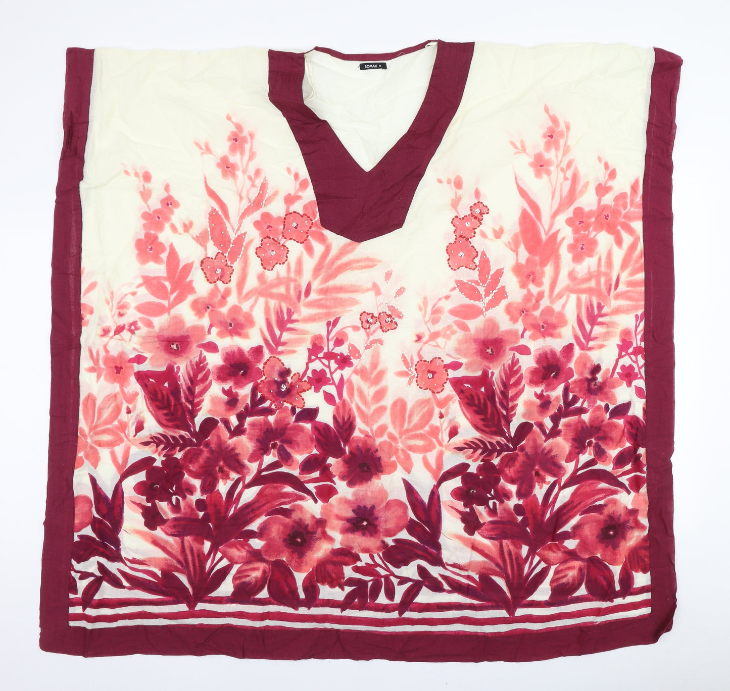 Roman Womens Pink Floral Cotton Kimono T-Shirt Size M V-Neck