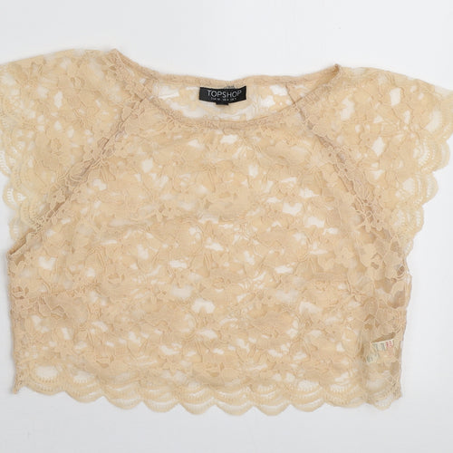 Topshop Womens Beige Floral Nylon Cropped T-Shirt Size 8 Round Neck