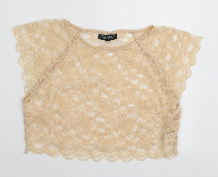 Topshop Womens Beige Floral Nylon Cropped T-Shirt Size 8 Round Neck