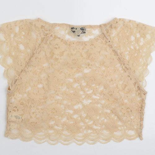 Topshop Womens Beige Floral Nylon Cropped T-Shirt Size 8 Round Neck