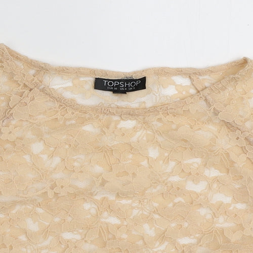 Topshop Womens Beige Floral Nylon Cropped T-Shirt Size 8 Round Neck