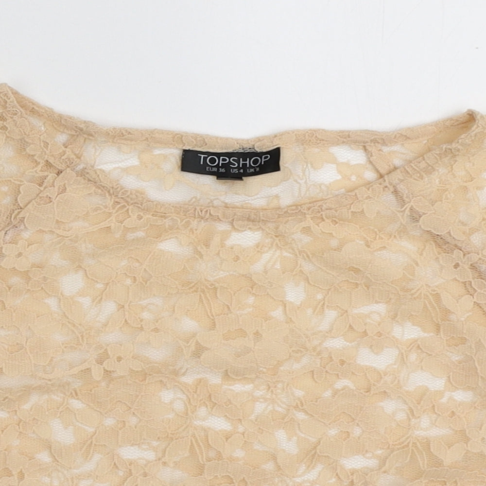 Topshop Womens Beige Floral Nylon Cropped T-Shirt Size 8 Round Neck