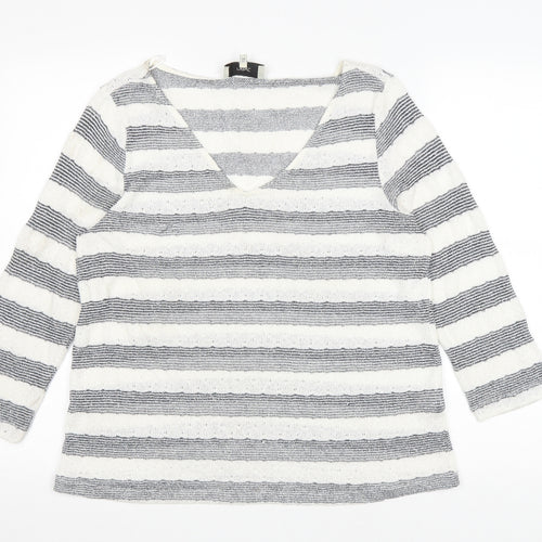 NEXT Womens White V-Neck Striped Viscose Pullover Jumper Size 14