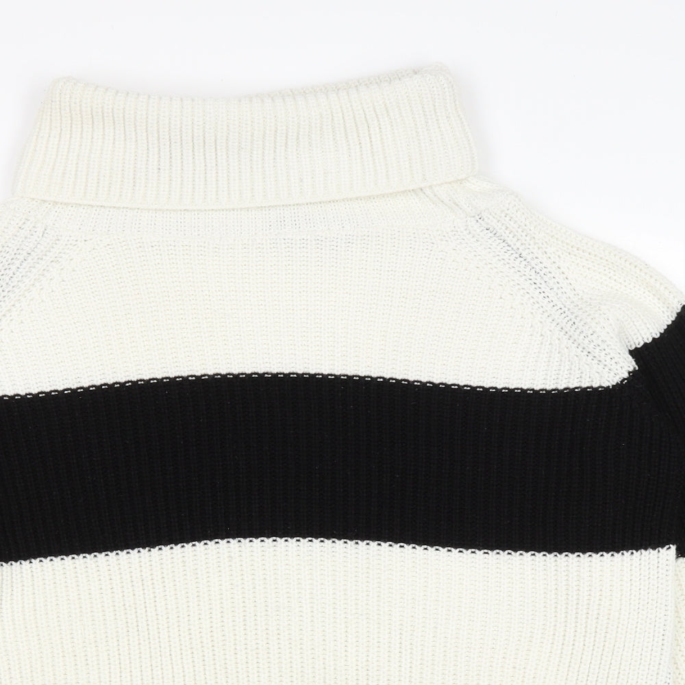PRETTYLITTLETHING Womens White Roll Neck Striped Acrylic Pullover Jumper Size S
