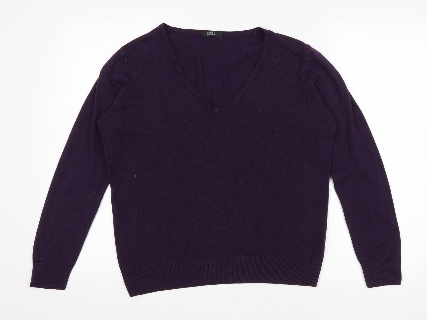 Marks and Spencer Womens Purple V-Neck Acrylic Pullover Jumper Size 12