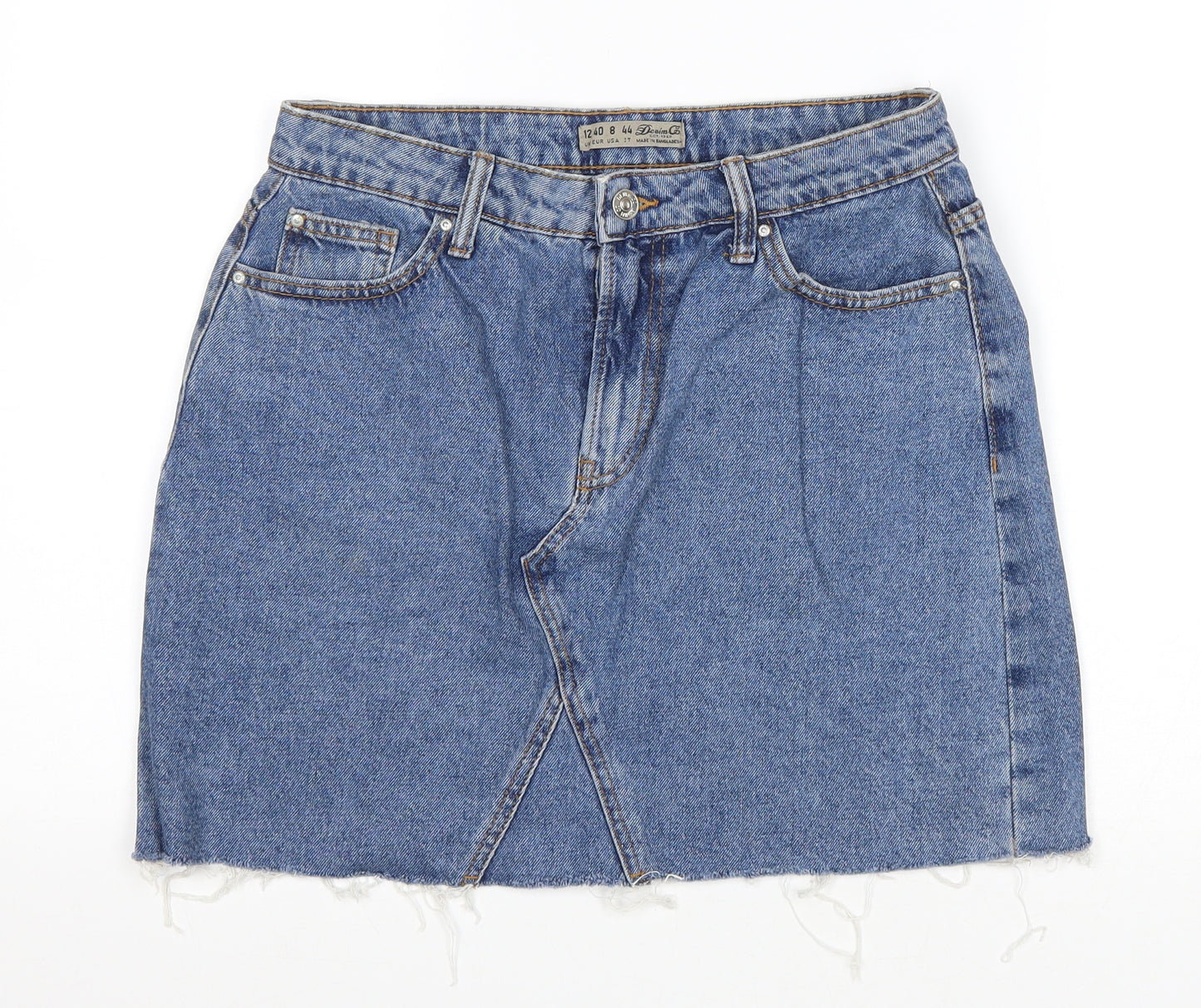 Denim & Co. Womens Blue Cotton A-Line Skirt Size 12 Zip - Distressed Hem