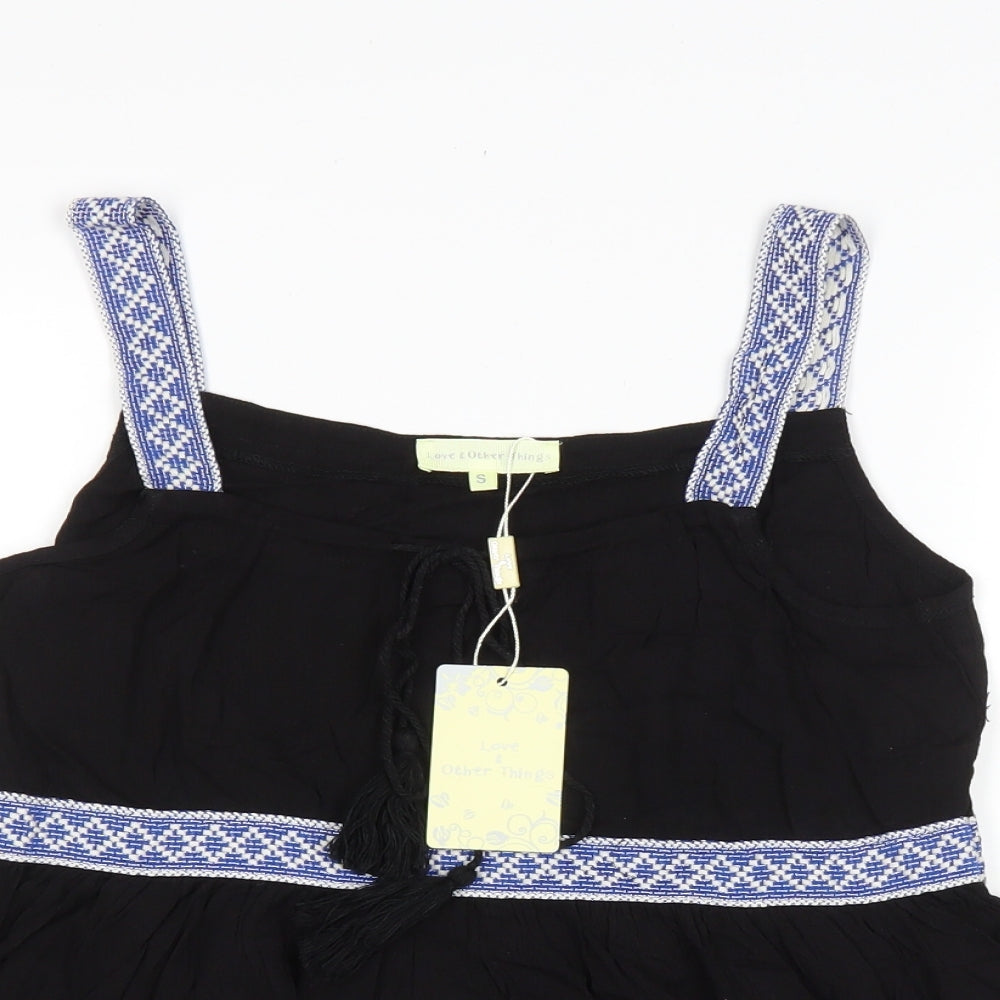 Love & Other Things Womens Black Cotton Basic Tank Size S Square Neck