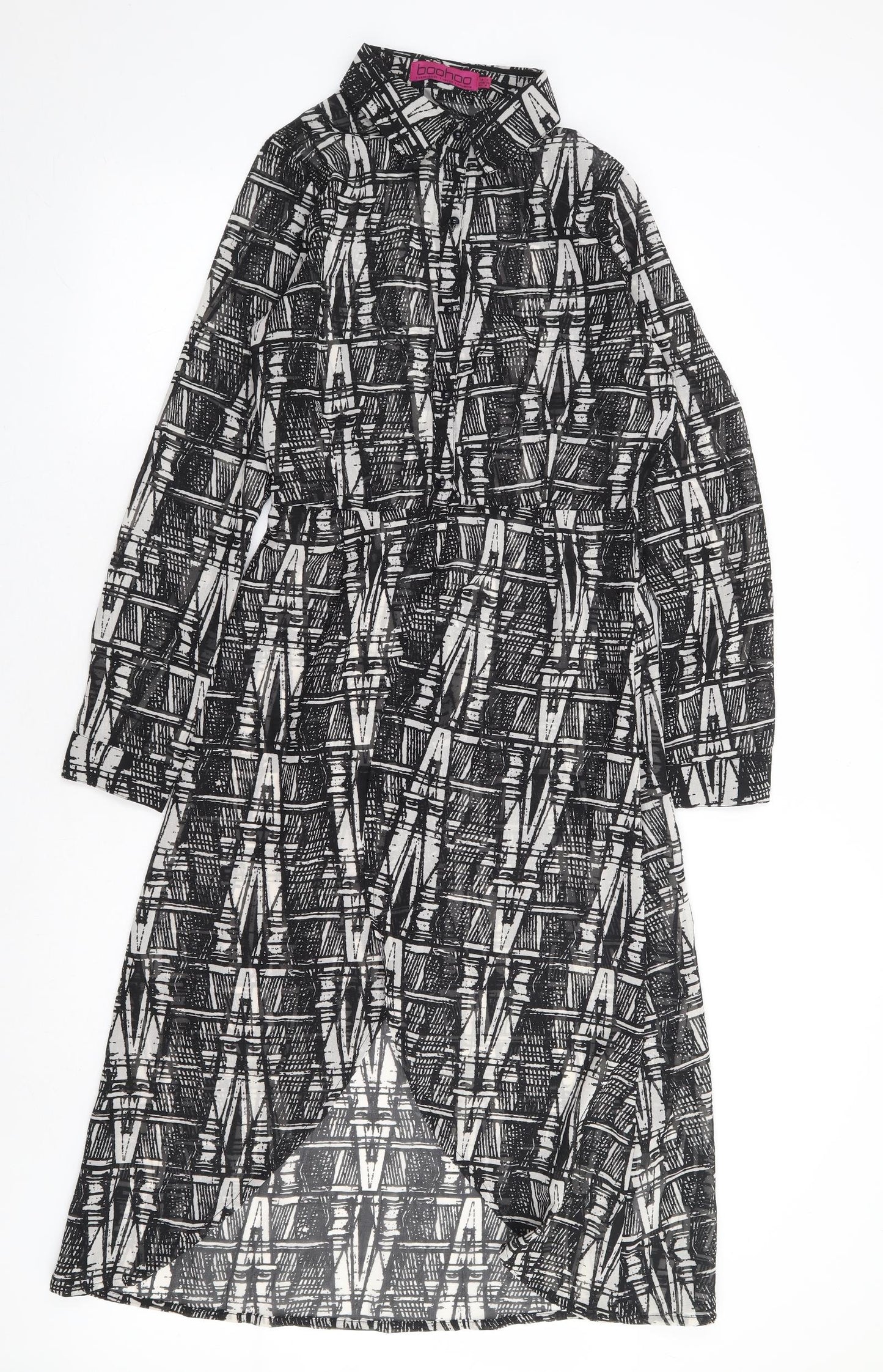 Boohoo Womens Black Geometric Polyester Shirt Dress Size 8 Collared Button
