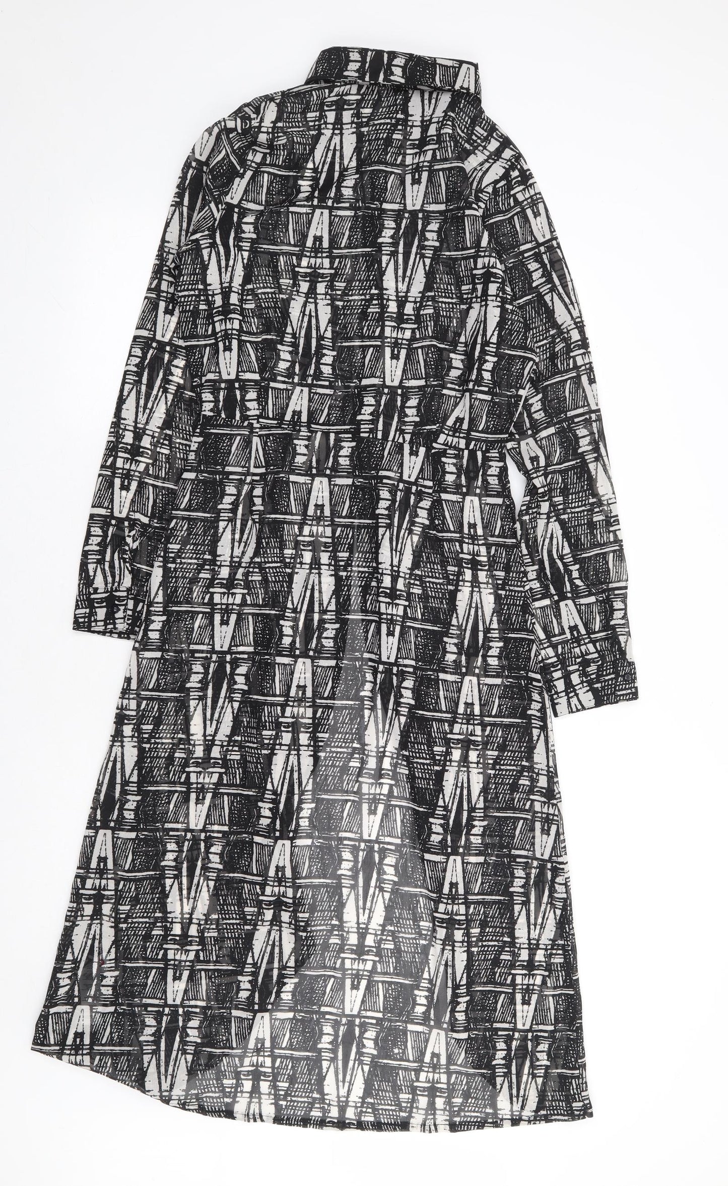 Boohoo Womens Black Geometric Polyester Shirt Dress Size 8 Collared Button
