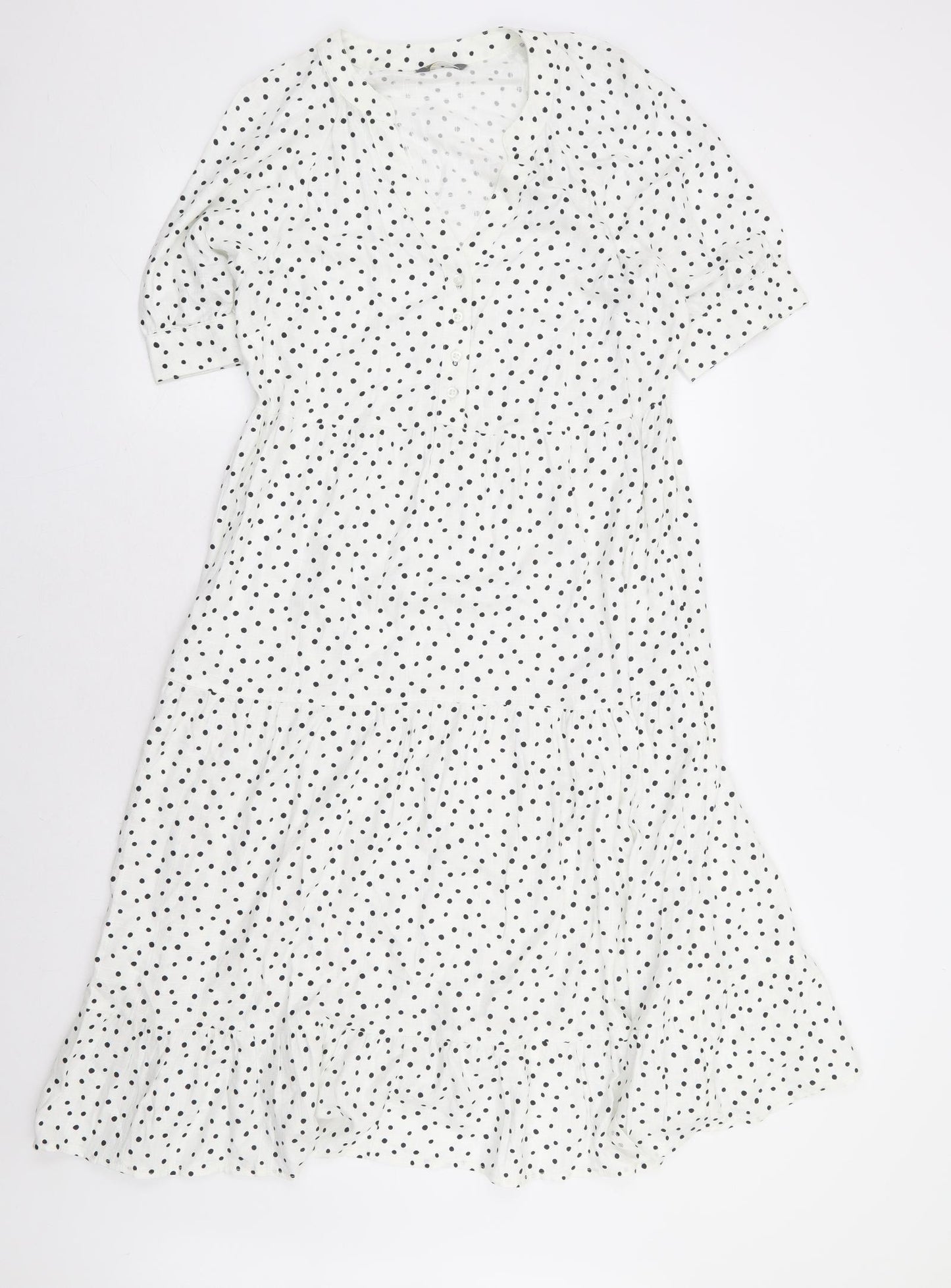 Papaya Womens White Polka Dot Polyester Shirt Dress Size 10 V-Neck Button