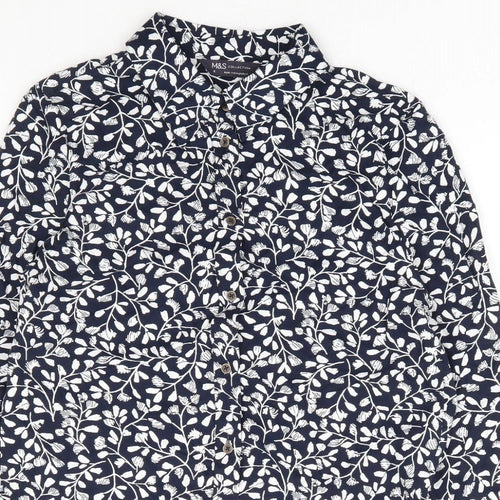 Marks and Spencer Womens Blue Floral Viscose Basic Button-Up Size 6 Collared