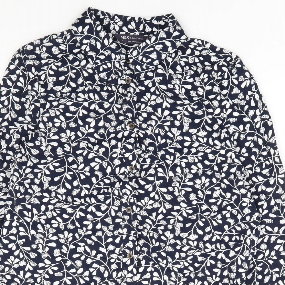 Marks and Spencer Womens Blue Floral Viscose Basic Button-Up Size 6 Collared