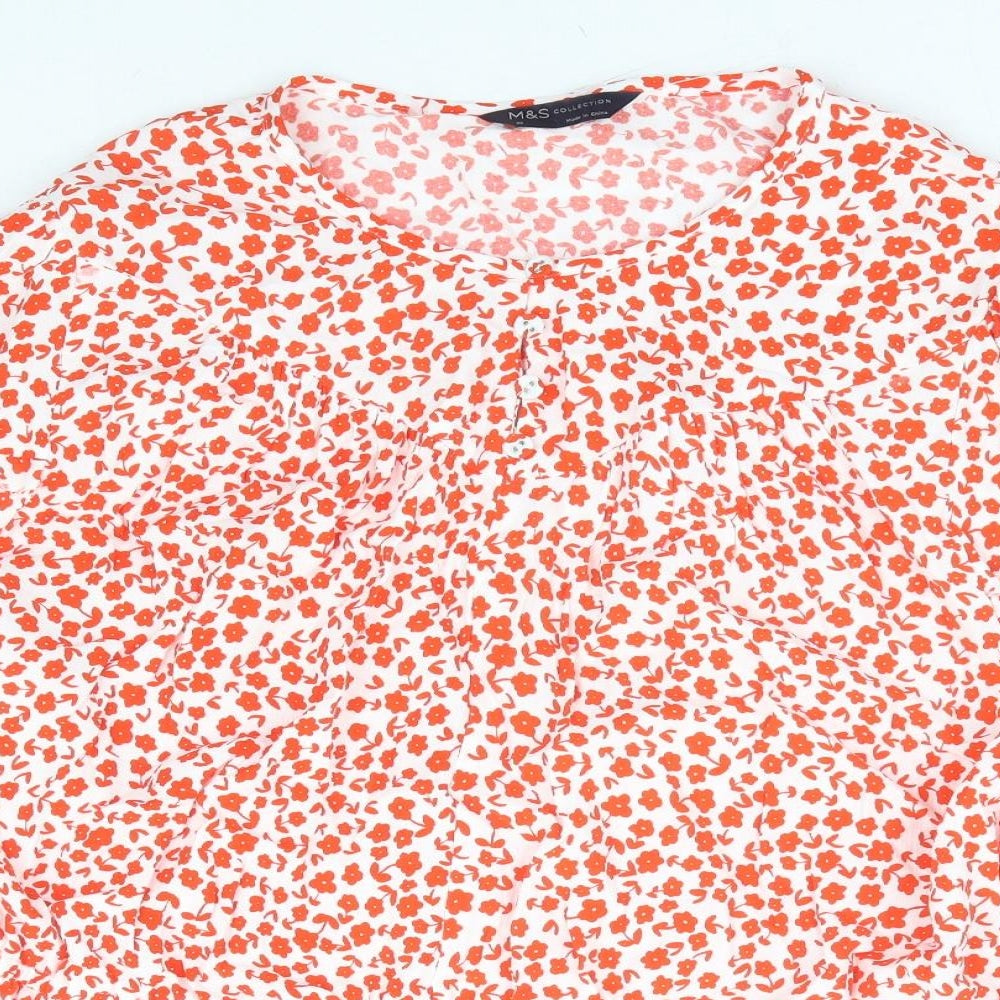 Marks and Spencer Womens Red Floral Viscose Basic Blouse Size 22 Round Neck - Peplum