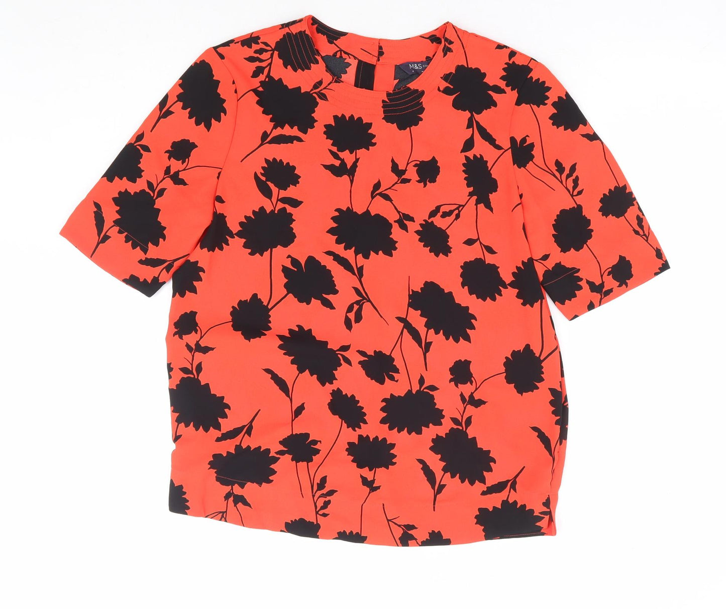 Marks and Spencer Womens Red Floral Polyester Basic T-Shirt Size 6 Round Neck
