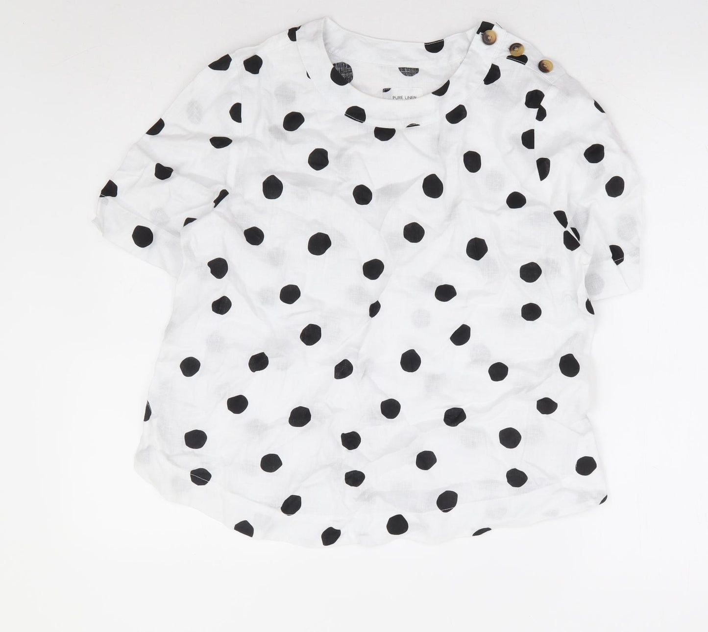 Marks and Spencer Womens White Polka Dot Linen Basic T-Shirt Size 10 Round Neck