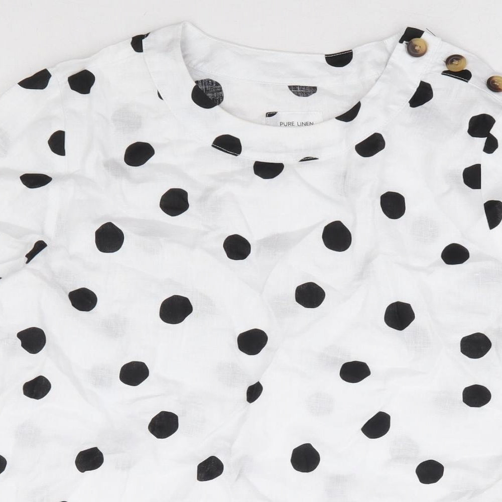 Marks and Spencer Womens White Polka Dot Linen Basic T-Shirt Size 10 Round Neck