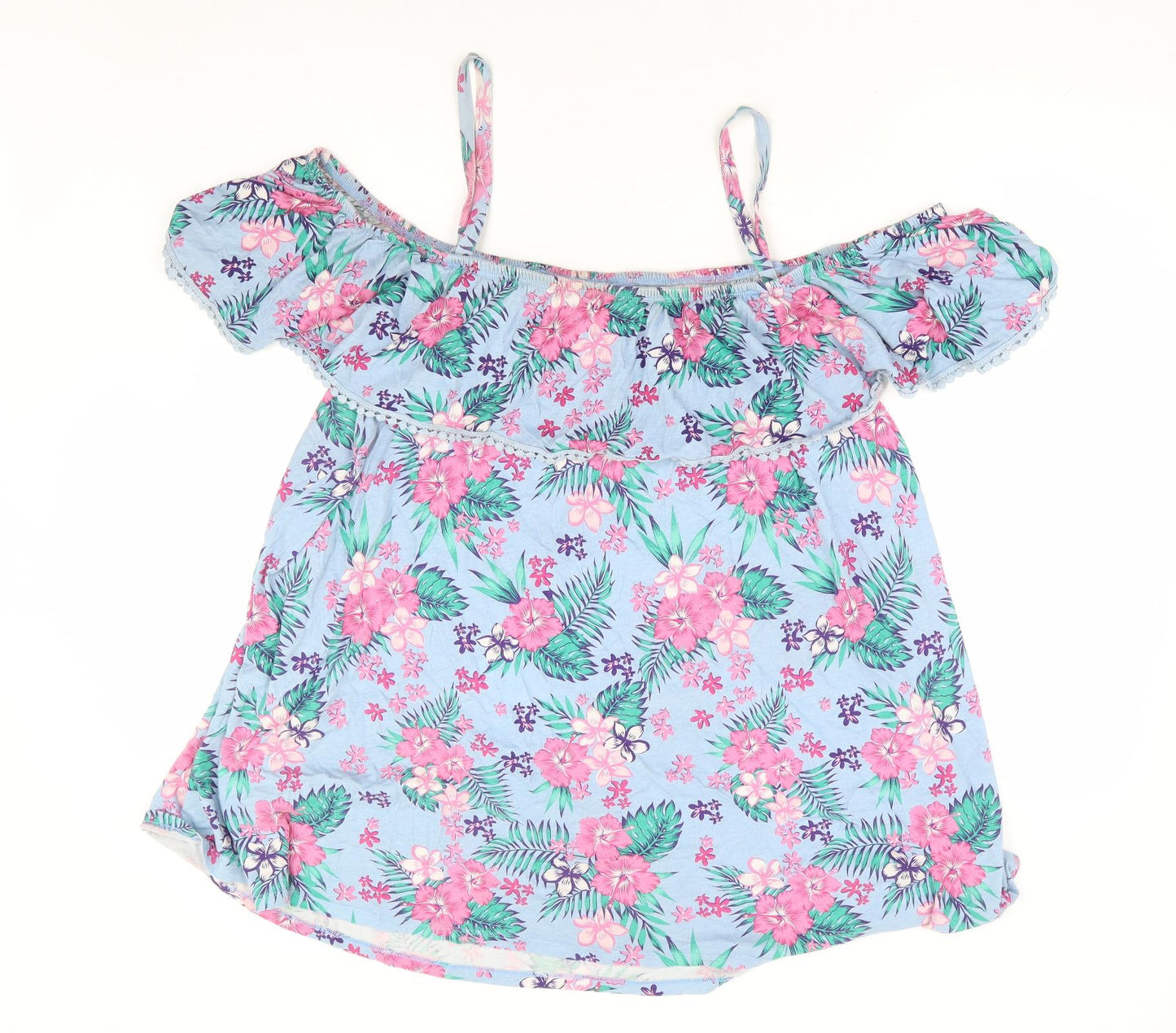 Yours Womens Blue Floral Cotton Basic Blouse Size 22 Square Neck - Cold Shoulder Detail