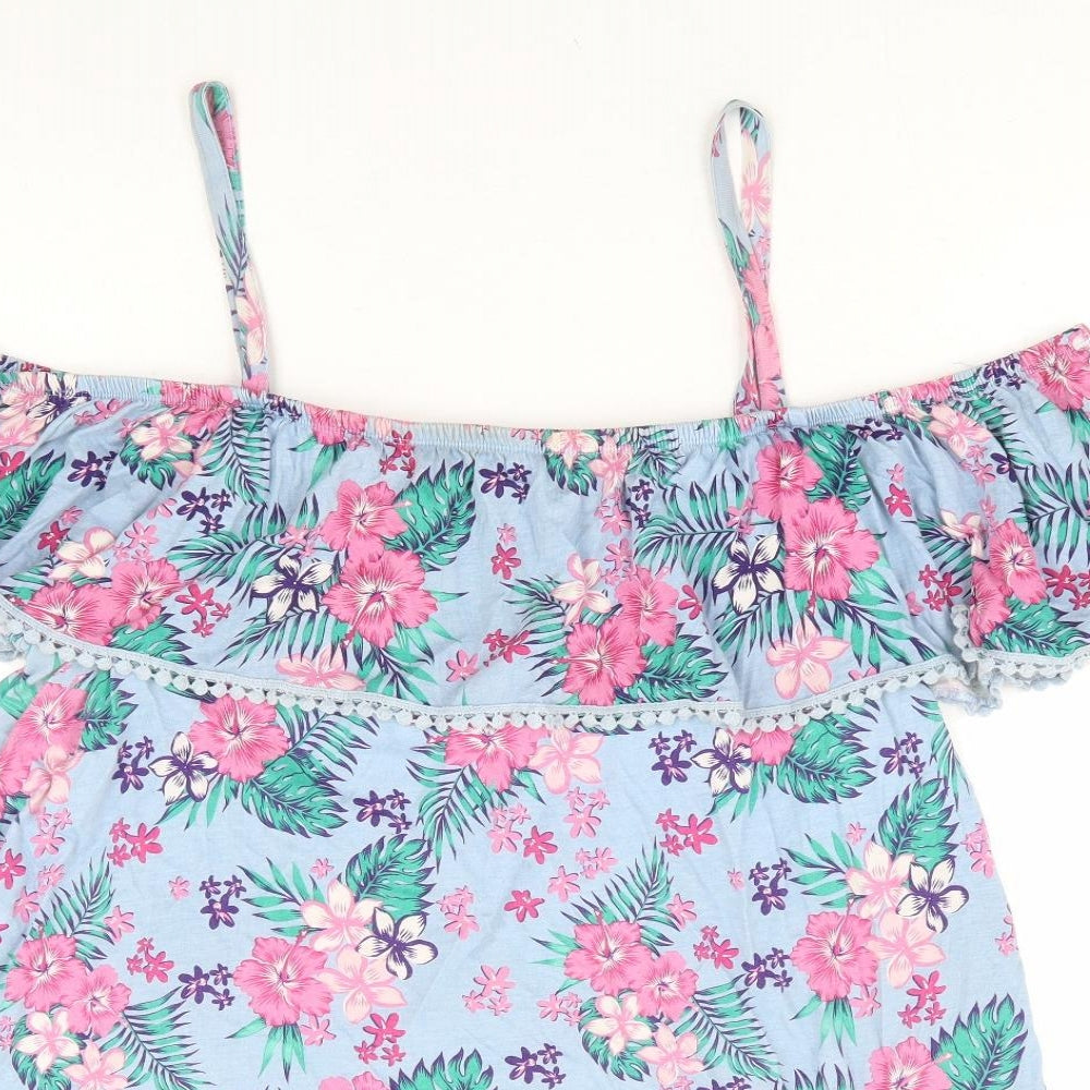 Yours Womens Blue Floral Cotton Basic Blouse Size 22 Square Neck - Cold Shoulder Detail