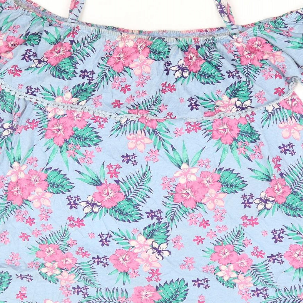 Yours Womens Blue Floral Cotton Basic Blouse Size 22 Square Neck - Cold Shoulder Detail