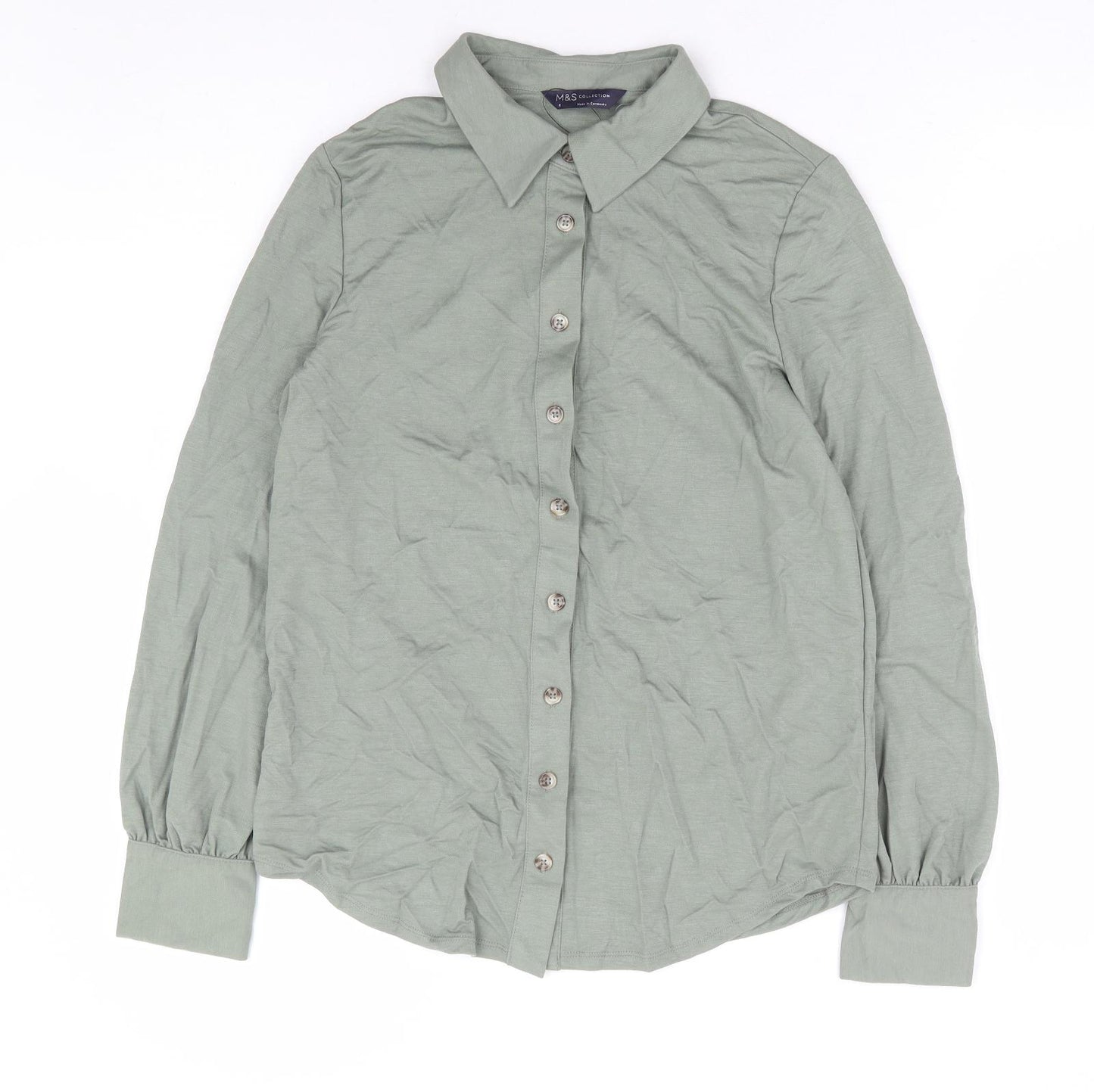Marks and Spencer Womens Green Modal Basic Button-Up Size 6 Collared