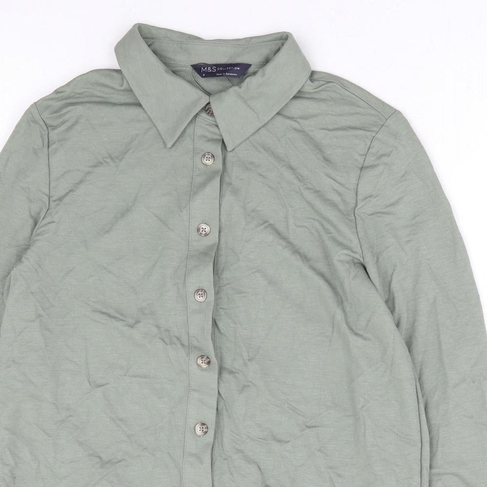 Marks and Spencer Womens Green Modal Basic Button-Up Size 6 Collared
