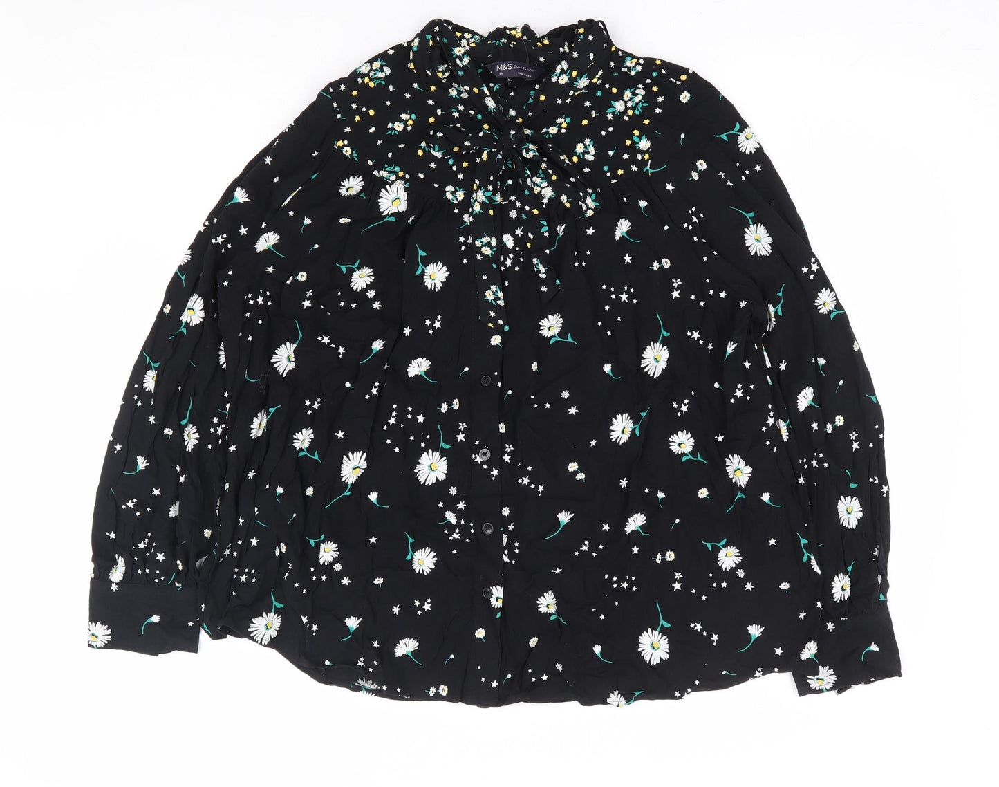 Marks and Spencer Womens Black Floral Viscose Basic Button-Up Size 14 Crew Neck - Daisy Tie Neck