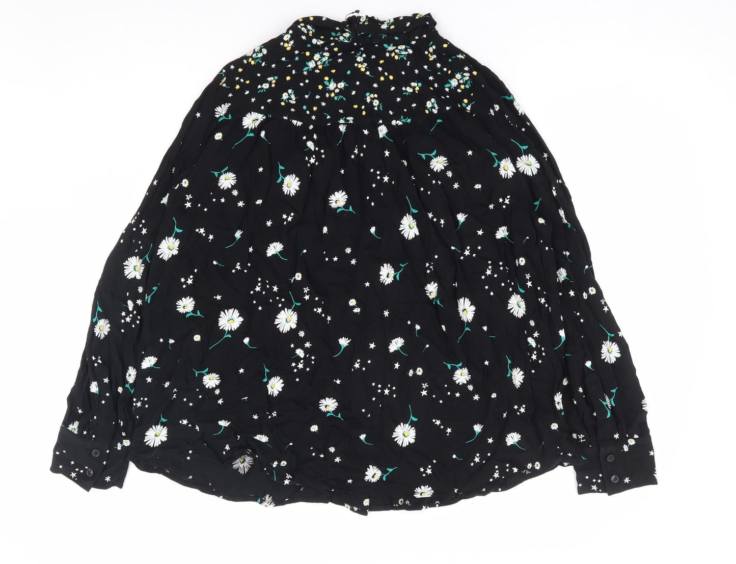 Marks and Spencer Womens Black Floral Viscose Basic Button-Up Size 14 Crew Neck - Daisy Tie Neck
