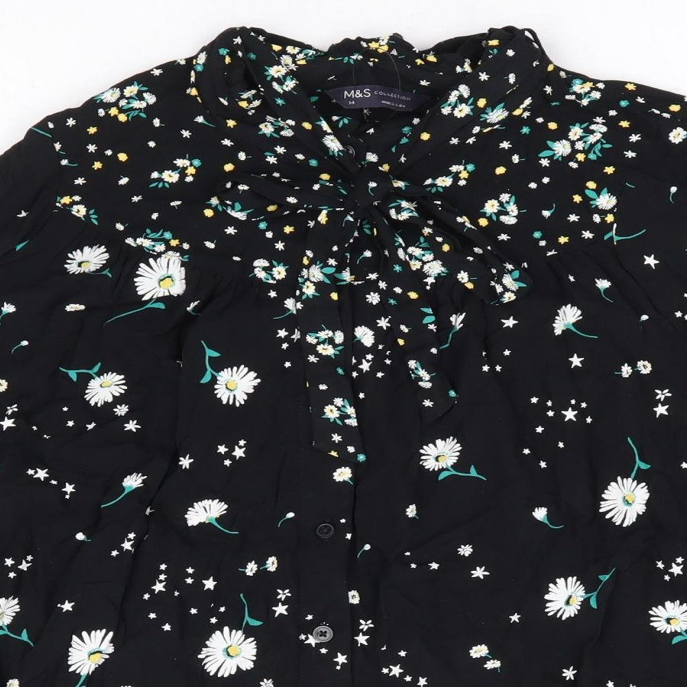 Marks and Spencer Womens Black Floral Viscose Basic Button-Up Size 14 Crew Neck - Daisy Tie Neck
