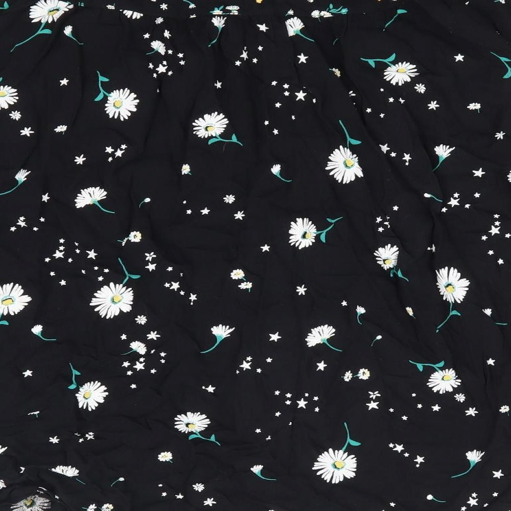 Marks and Spencer Womens Black Floral Viscose Basic Button-Up Size 14 Crew Neck - Daisy Tie Neck