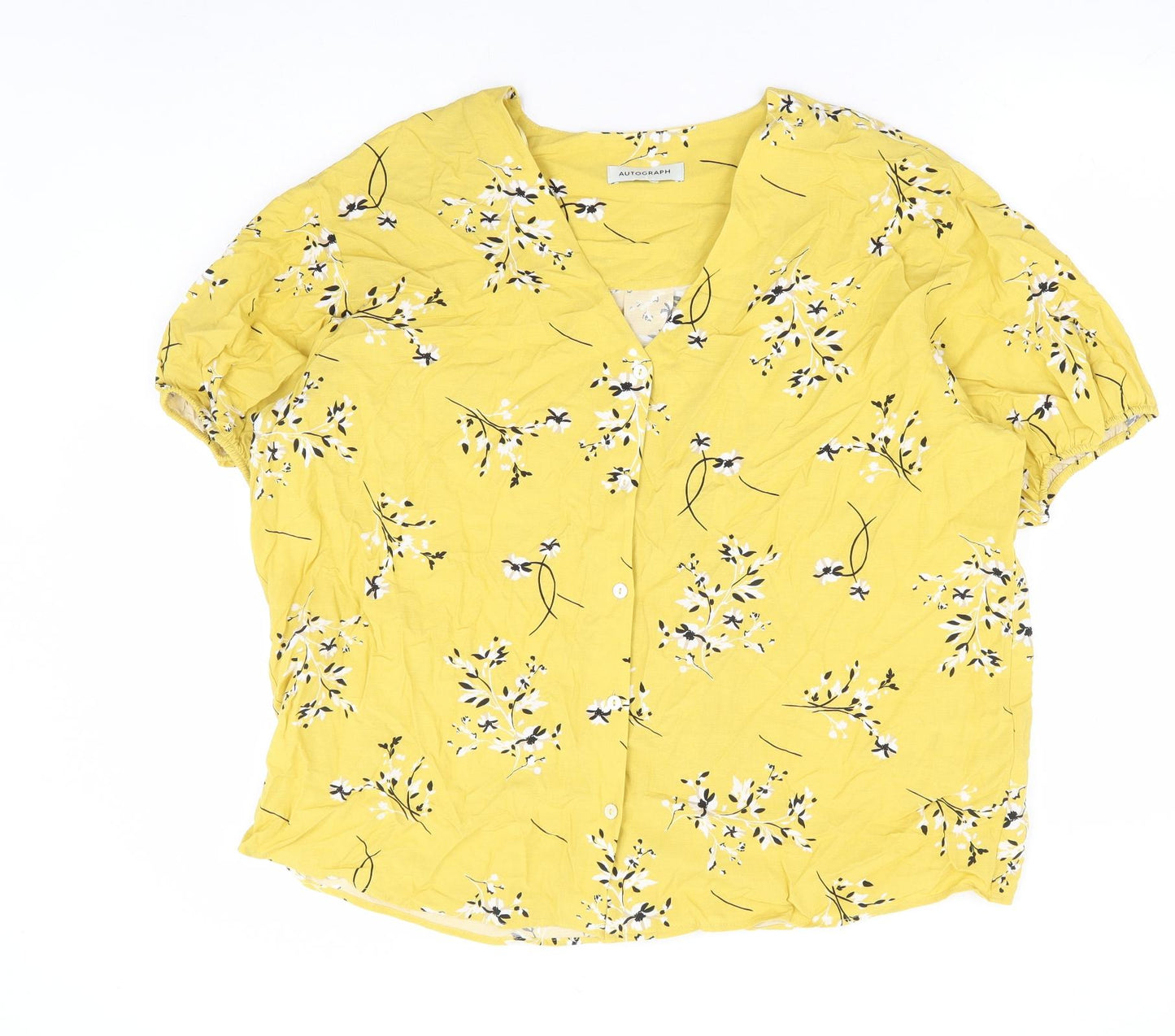 Marks and Spencer Womens Yellow Floral Viscose Basic Blouse Size 16 V-Neck
