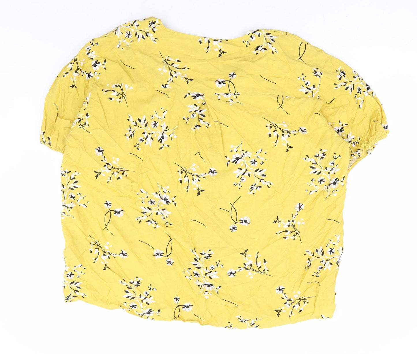 Marks and Spencer Womens Yellow Floral Viscose Basic Blouse Size 16 V-Neck