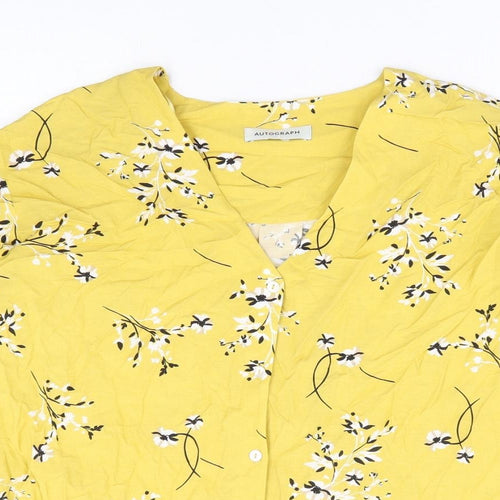 Marks and Spencer Womens Yellow Floral Viscose Basic Blouse Size 16 V-Neck