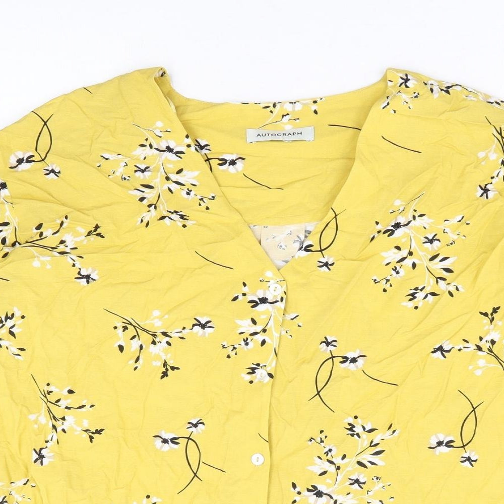 Marks and Spencer Womens Yellow Floral Viscose Basic Blouse Size 16 V-Neck