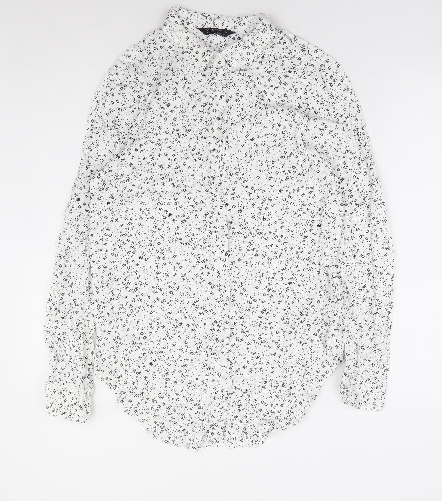Marks and Spencer Womens White Floral Viscose Basic Button-Up Size 8 Collared