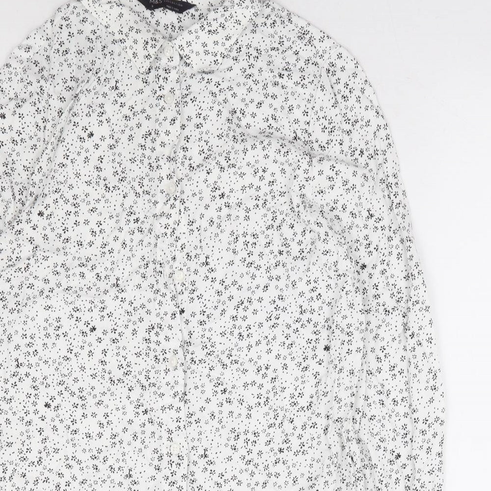 Marks and Spencer Womens White Floral Viscose Basic Button-Up Size 8 Collared
