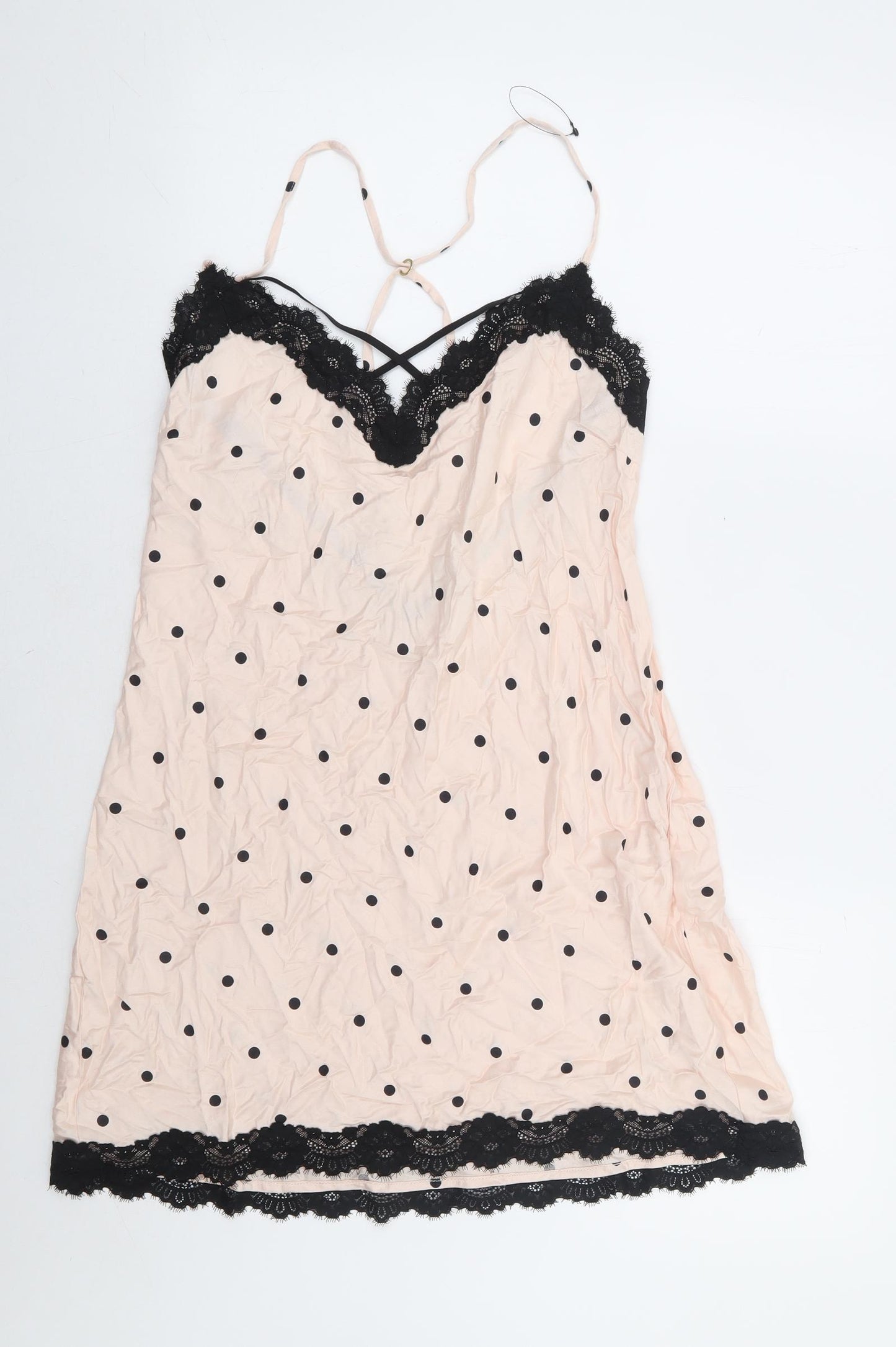 Marks and Spencer Womens Pink Polka Dot Viscose Babydoll Dress Size 12 - Lace Trim Racer Back