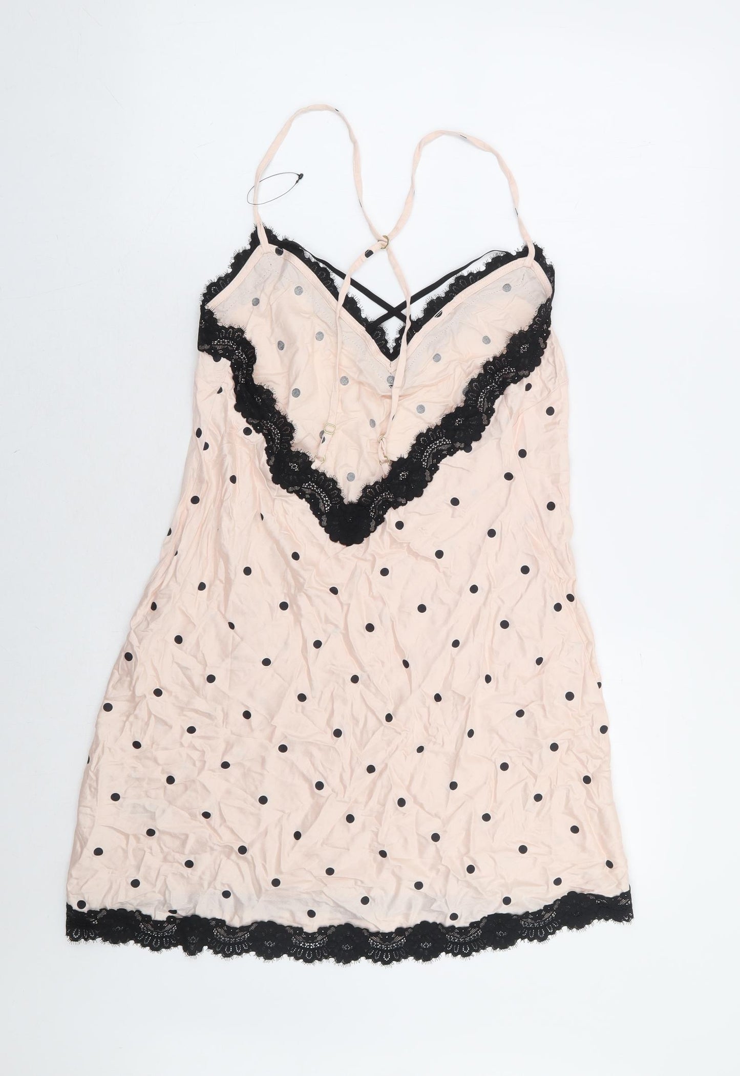 Marks and Spencer Womens Pink Polka Dot Viscose Babydoll Dress Size 12 - Lace Trim Racer Back