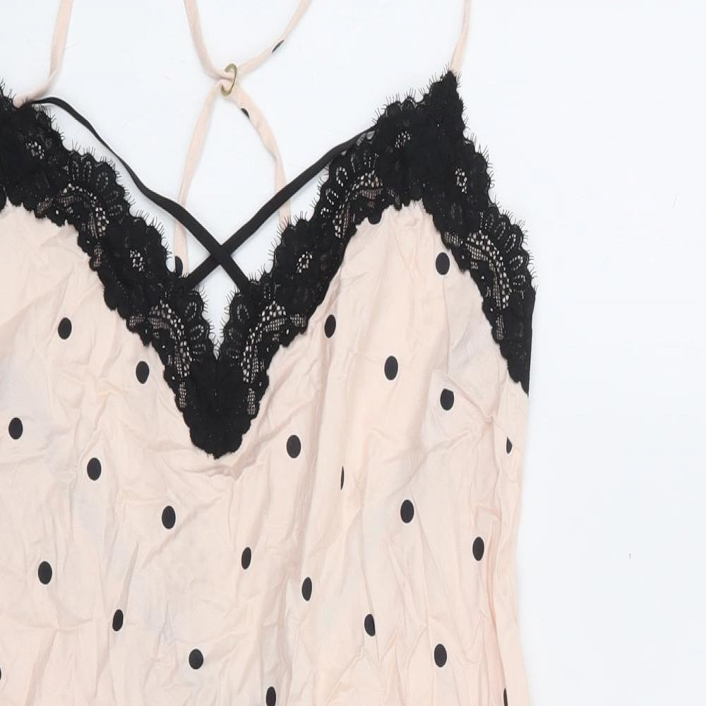 Marks and Spencer Womens Pink Polka Dot Viscose Babydoll Dress Size 12 - Lace Trim Racer Back
