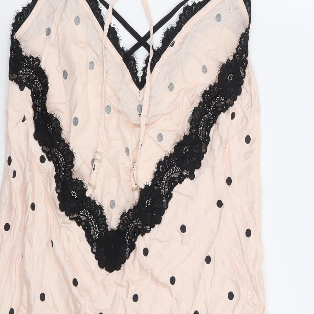 Marks and Spencer Womens Pink Polka Dot Viscose Babydoll Dress Size 12 - Lace Trim Racer Back