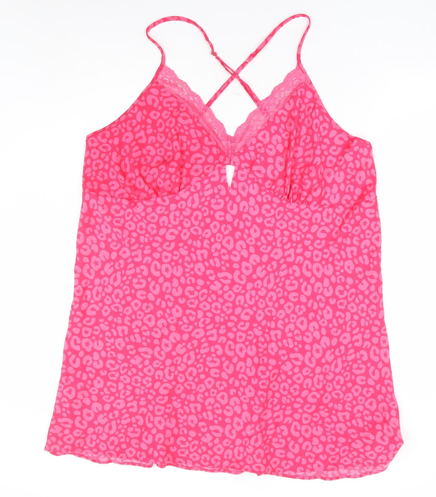 Marks and Spencer Womens Pink Animal Print Polyester Babydoll Dress Size 24 - Lace Trim- Leopard Print