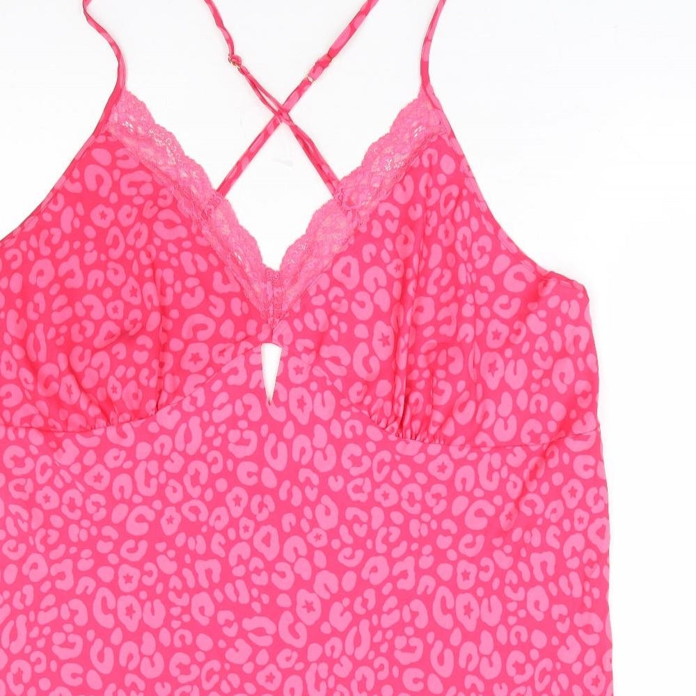 Marks and Spencer Womens Pink Animal Print Polyester Babydoll Dress Size 24 - Lace Trim- Leopard Print