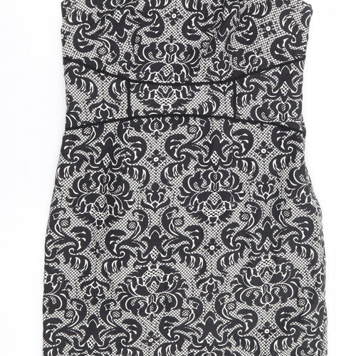 NEXT Womens Black Floral Linen Pencil Dress Size 12 Scoop Neck Zip