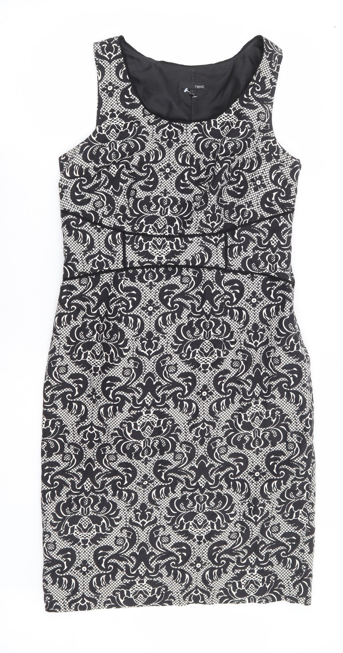 NEXT Womens Black Floral Linen Pencil Dress Size 12 Scoop Neck Zip