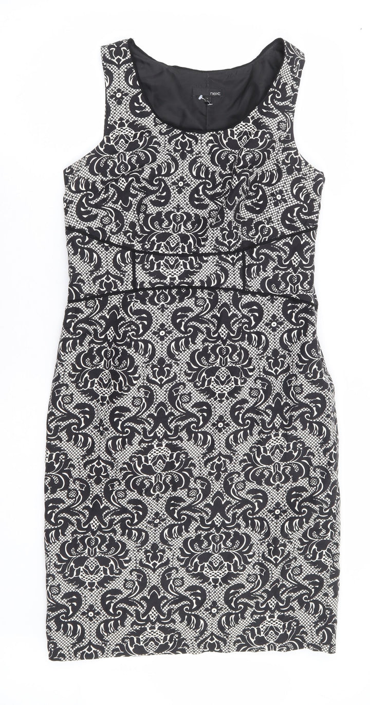 NEXT Womens Black Floral Linen Pencil Dress Size 12 Scoop Neck Zip