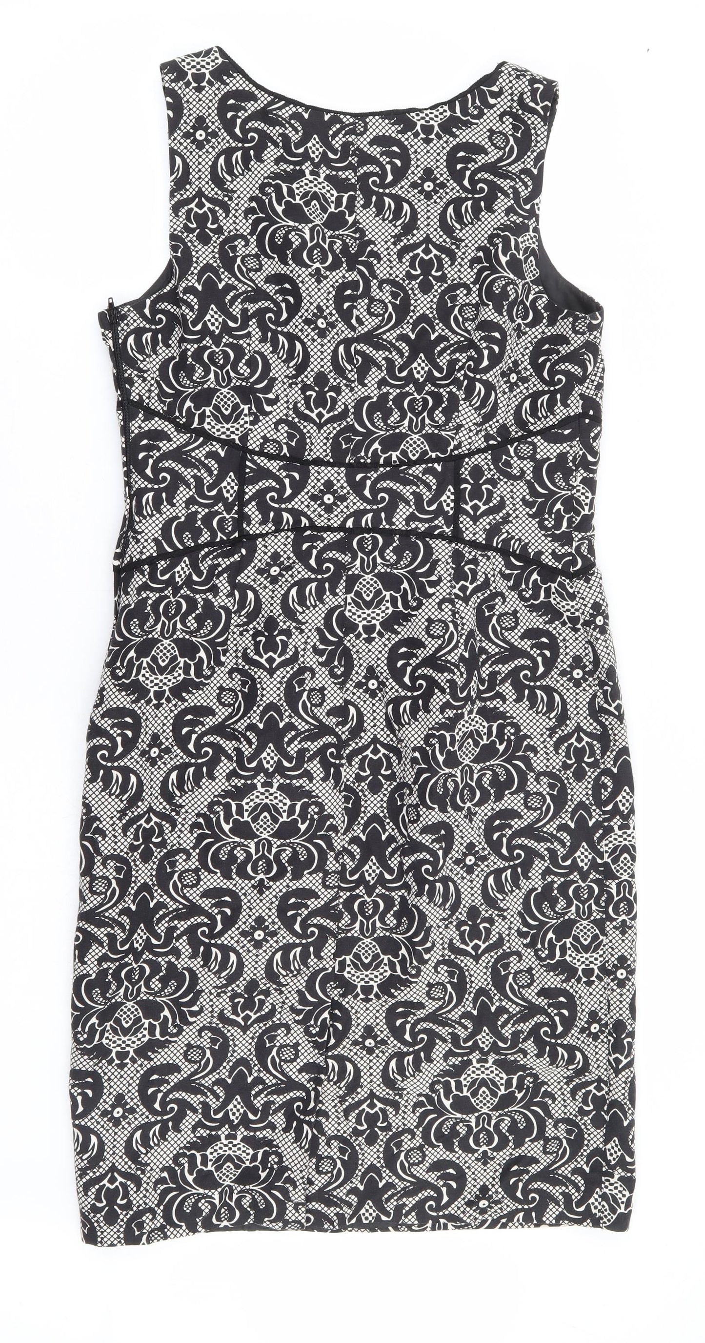NEXT Womens Black Floral Linen Pencil Dress Size 12 Scoop Neck Zip
