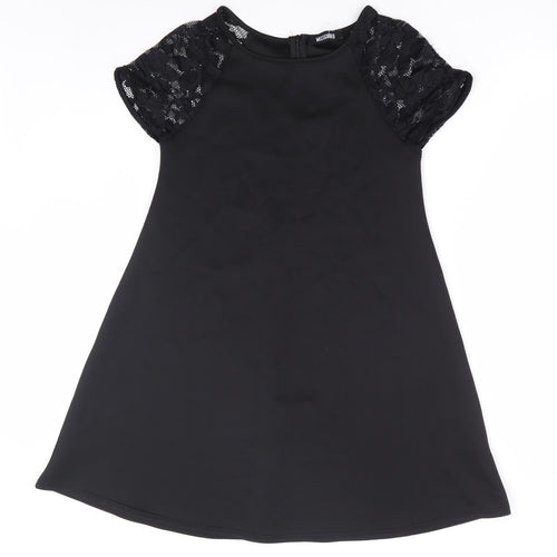Missguided Womens Black Polyester A-Line Size 10 Round Neck Zip - Lace Sleeve Detail